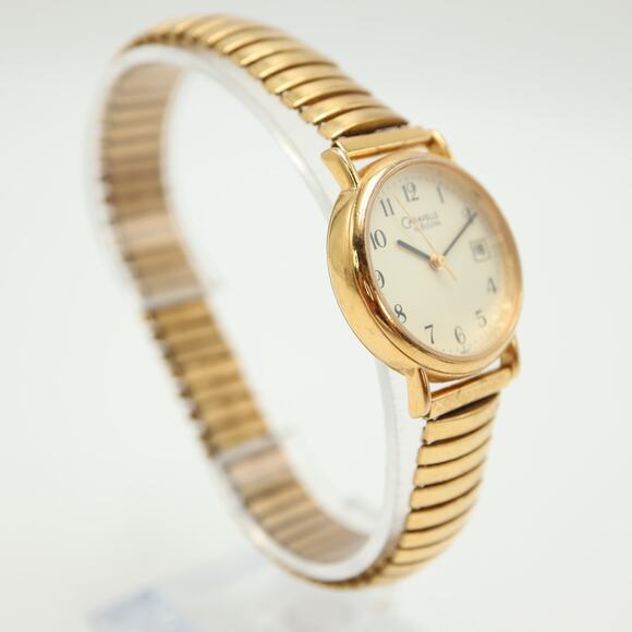 Caravelle by Bulova Gold Tone Watch 27mm Cream Date Expansion Band w New Battery - Picture 9 of 12